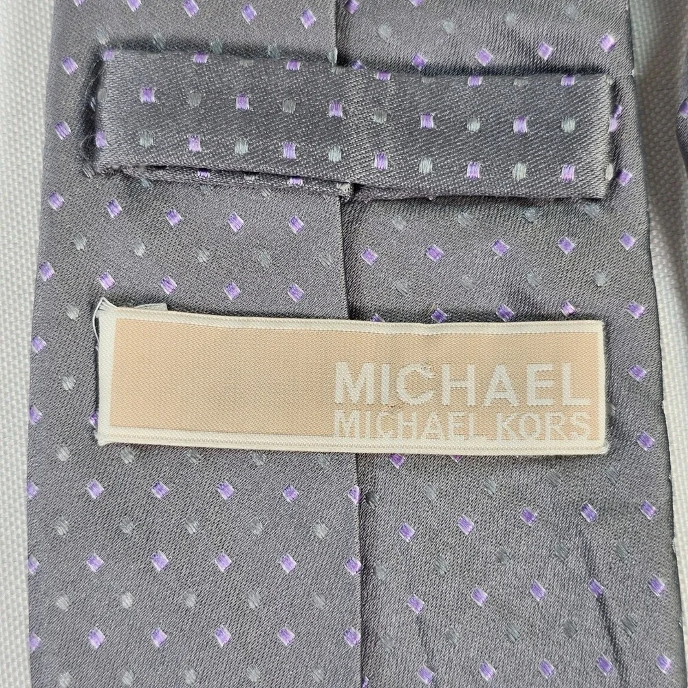 Michael Michael Kors Mens Silk Tie Grey Purple Geometric Square Pattern Necktie‎